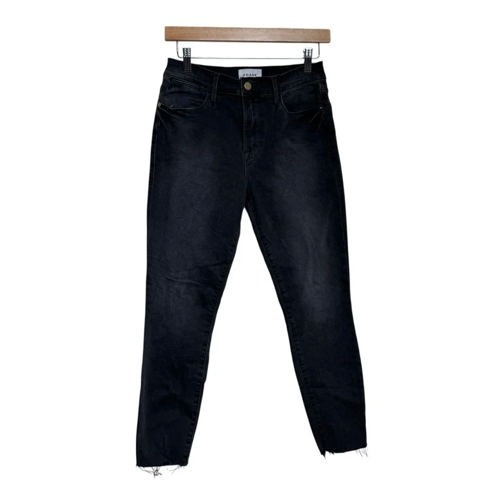 FRAME Le High Straight Ankle Jeans Black Distressed Frayed‎ Hem Size 28 - Picture 2 of 11